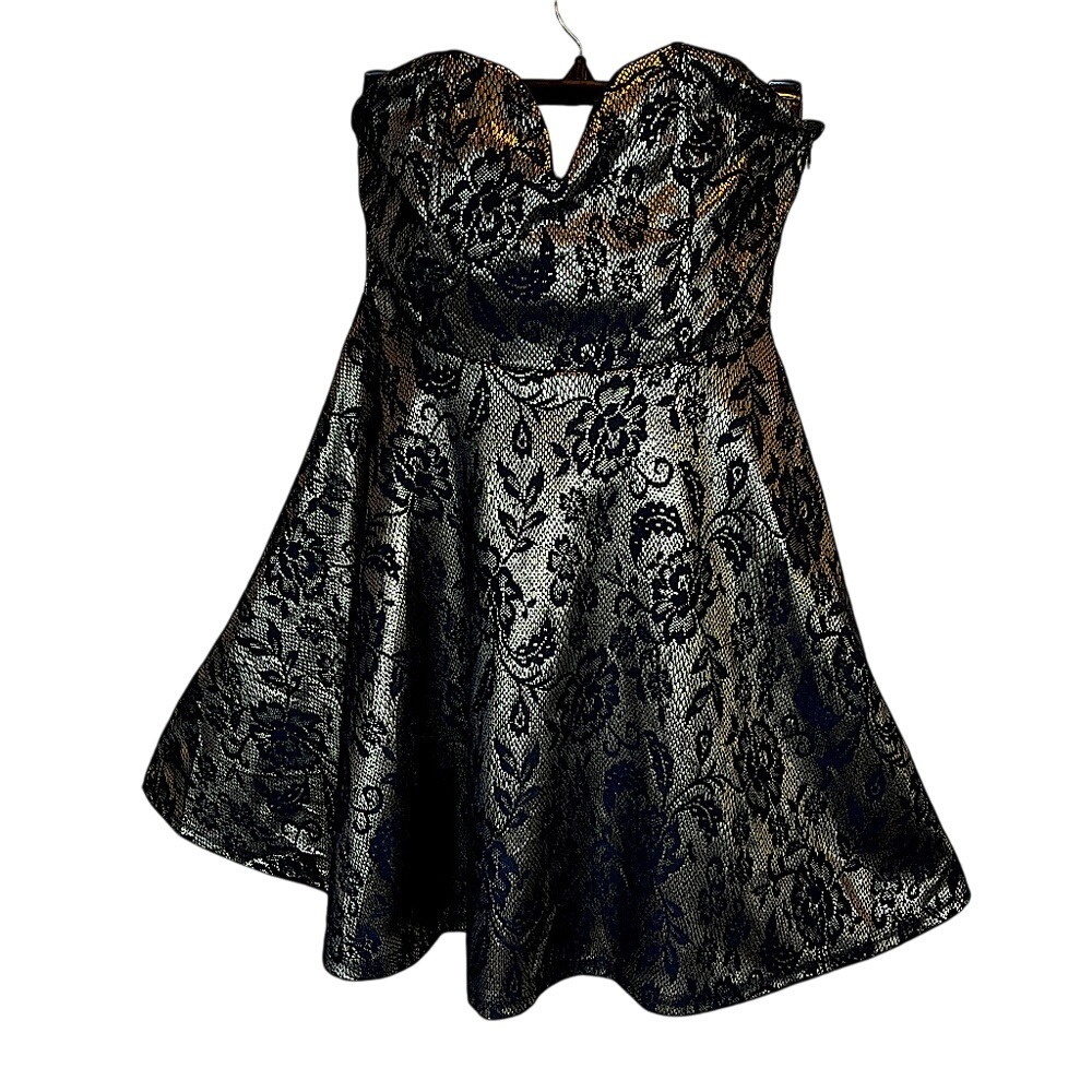 Women's Strapless LoveMarks Dress Small Black/Gold Floral Short Preowned